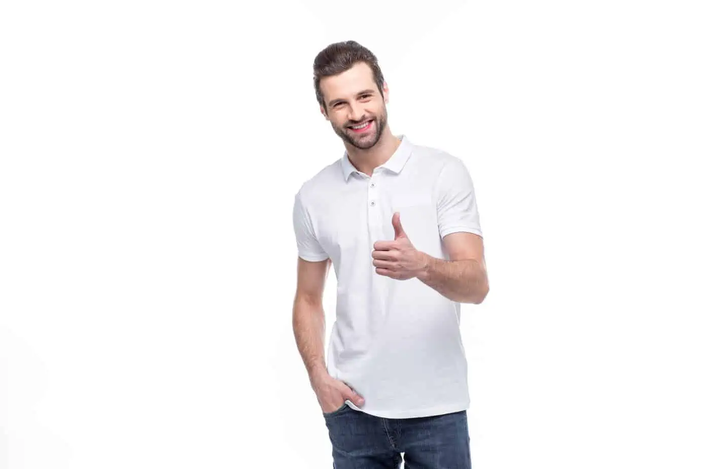 A man in a white shirt giving a thumbs up